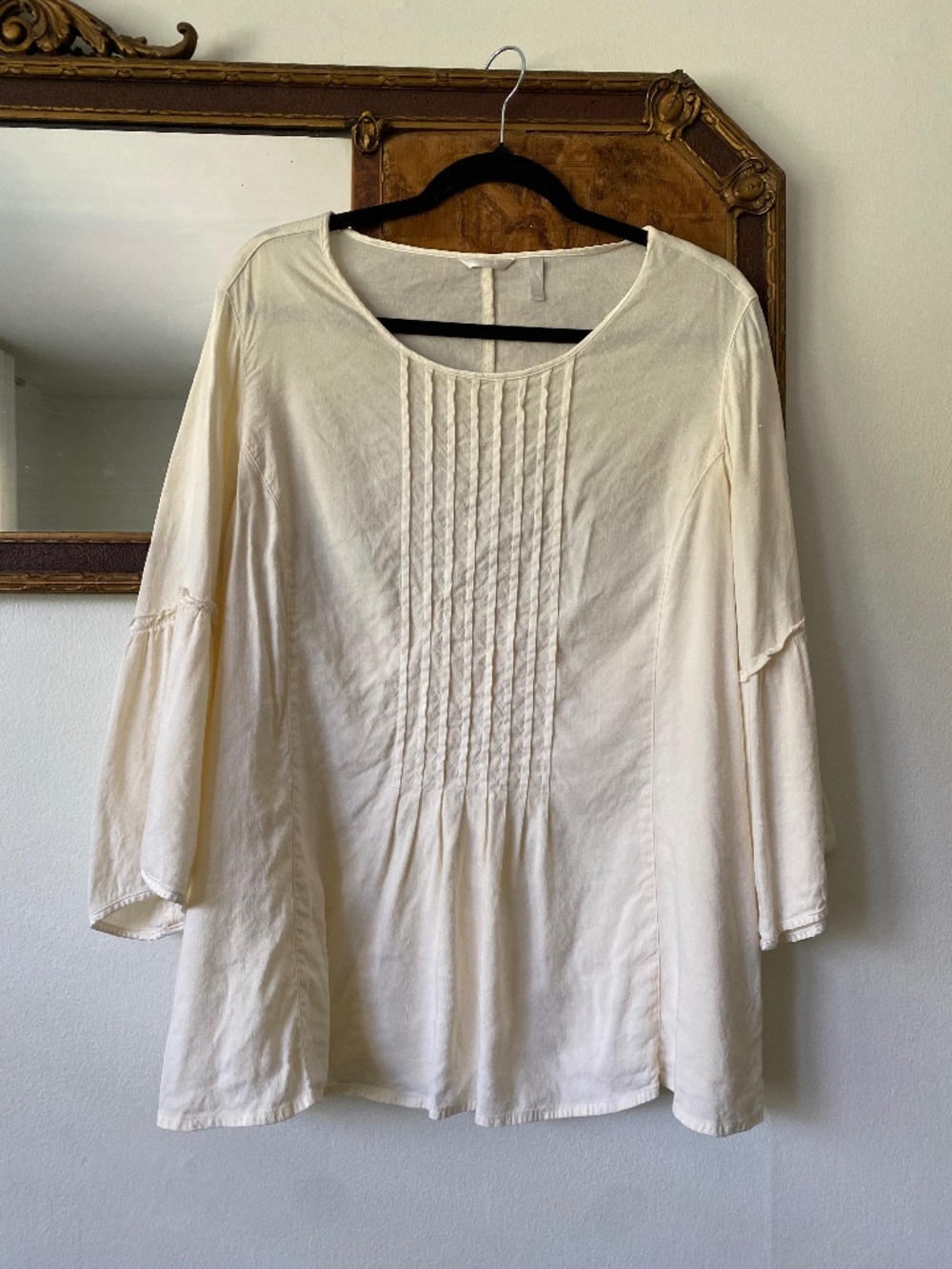 Keen Linen Buttercream Ivory 3/4 Sleeve Pintucked Blouse Lagenlook Large